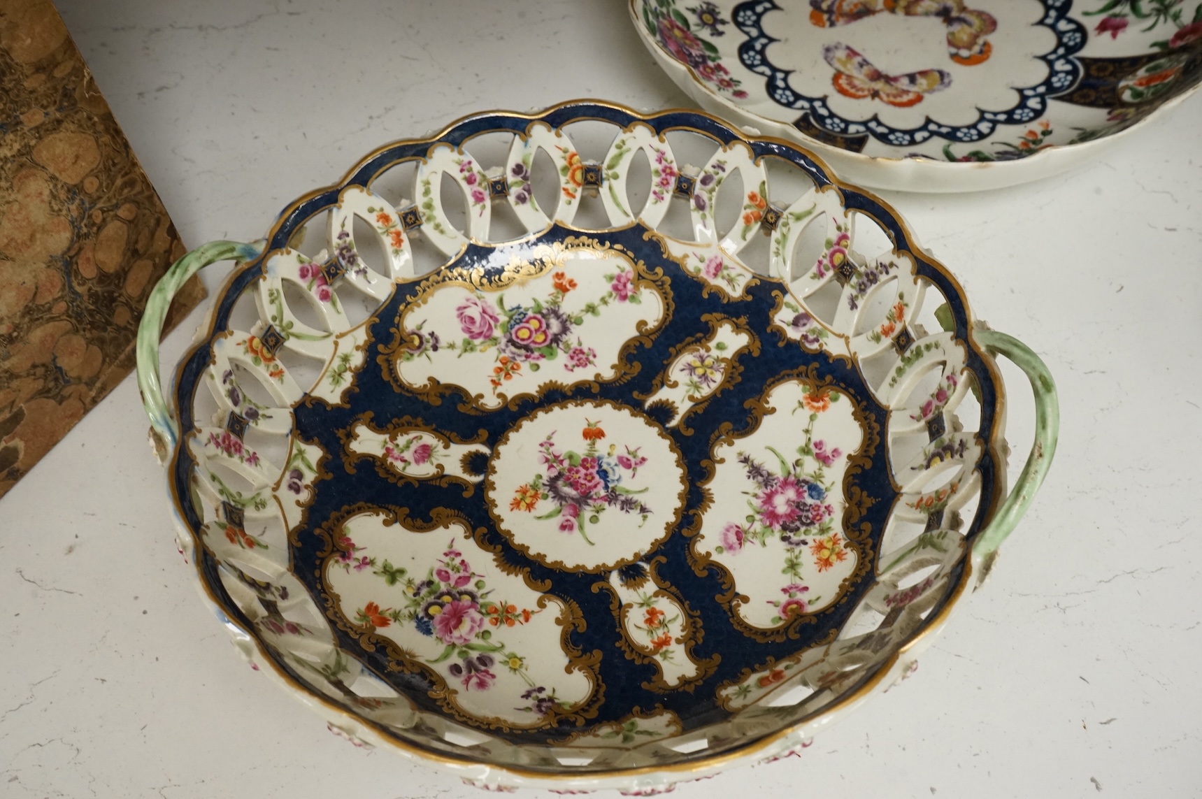 A Worcester scale blue two handled basket, c.1775, 28cm wide, and a similar bowl